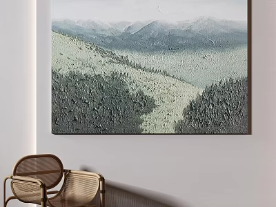 Textured Mountain Landscape Painting On Wall With Rattan Chairs In Interior 3d model