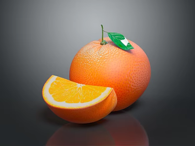 Fresh Whole Orange With Sliced Orange And Green Leaf On Dark Background 3d model