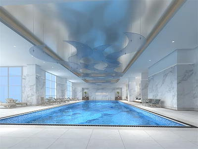 Modern Indoor Swimming Pool Design With Marble Walls Large Windows Lounge Chairs And Ceiling Decorations 3d model