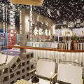 Modern Literary Space Interior With Bookshelves Books Tables Chairs Counter And Star Lights