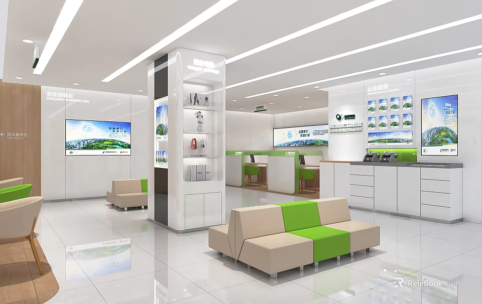 Modern Bank Lobby Interior With White Green Sofas Counters And Digital Displays 3d model 