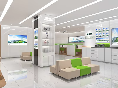 Modern Bank Lobby Interior With White Green Sofas Counters And Digital Displays 3d model