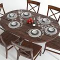 Wooden Dining Table Set With Chairs Plates Wine Glasses Wine Bottle And Apples