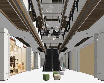 Shopping Mall Interior With Central Escalator Hanging Spherical Lights Side Shops And Seats 3d model