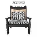 Classic Black Accent Chair With Woven Rattan Back And Geometric Pattern Cushion