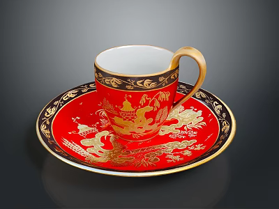 Red And Gold Teacup With Saucer Featuring Dragon Patterns And Building Motifs With Gold Trim 3d model