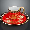 Red And Gold Teacup With Saucer Featuring Dragon Patterns And Building Motifs With Gold Trim