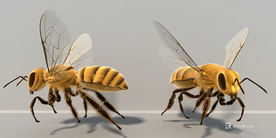 Flying Insect Bee With Transparent Wings Yellow Black Stripes And Segmented Body Close Up 3d model 