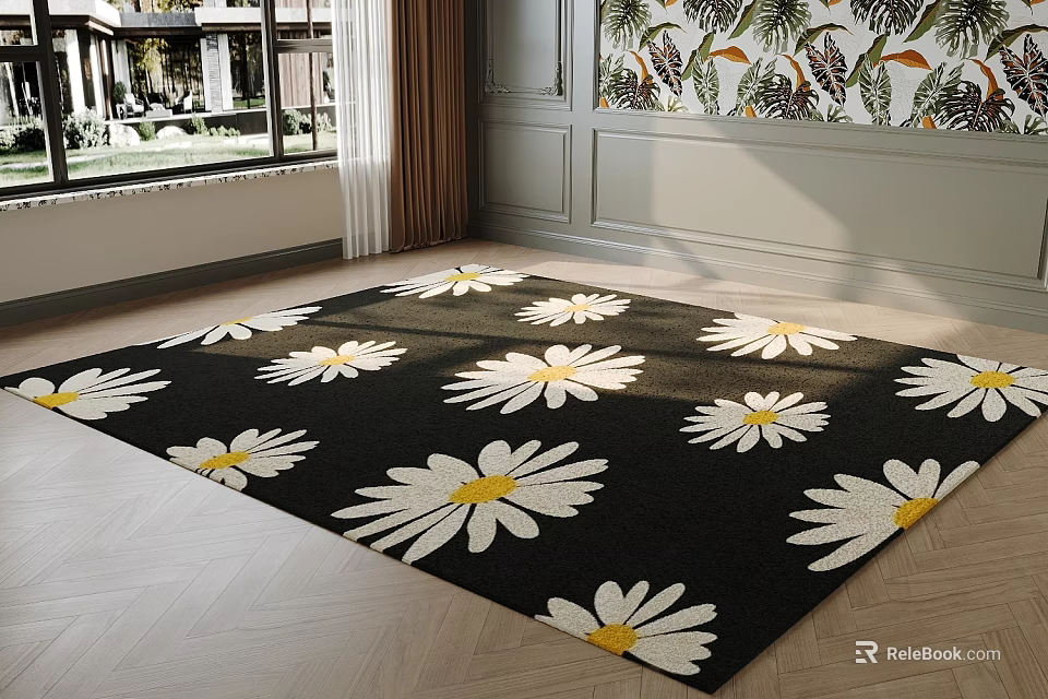 Black Square Carpet With White Daisy Pattern In Room 3d model