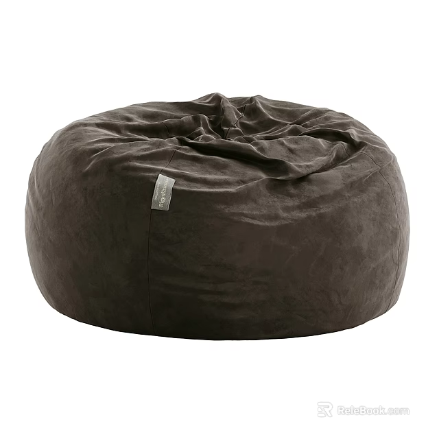 Brown Velvet Round Bean Bag Chair With Wrinkled Surface And Small Label 3d model 