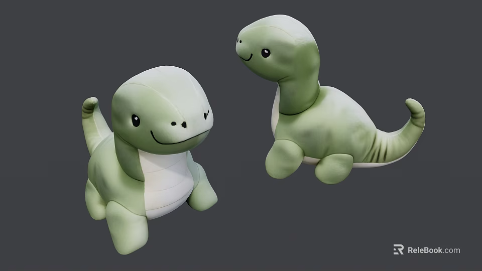 Two Green Dinosaur Plush Toys With Smiling Faces And Different Poses 3d model