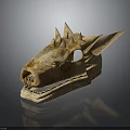 Ancient Mythical Dragon Skull With Spikes Horn And Rough Texture On Dark Background