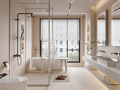 Modern Bathroom Interior With Glass Shower Freestanding Bathtub Large Window Double Sinks And White Tiles 3d model