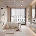 Modern Bathroom Interior With Glass Shower Freestanding Bathtub Large Window Double Sinks And White Tiles