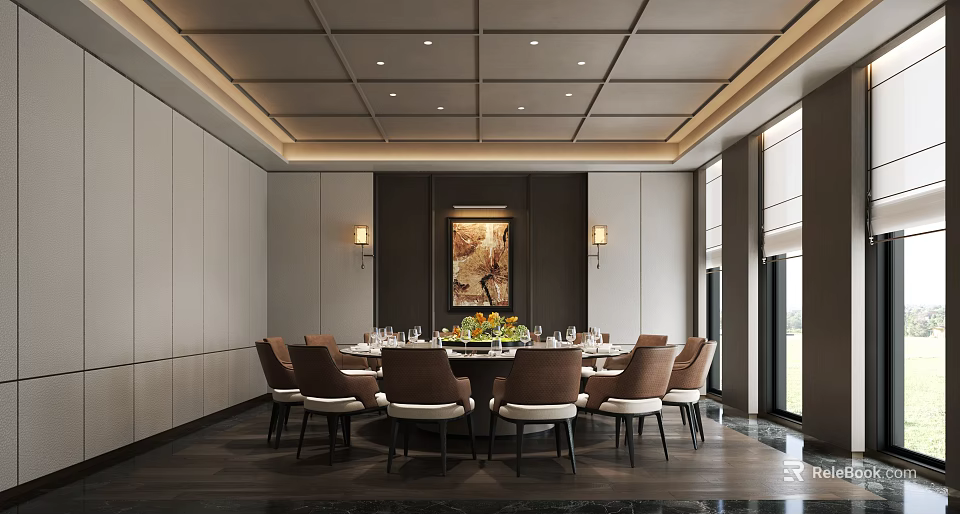 High End Modern Private Dining Room With Large Round Table And Elegant Interior Decoration 3d model 