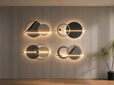 Vertical Striped Wall with Illuminated Circular Geometric Decor and Potted Plant 3d model