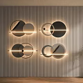 Vertical Striped Wall with Illuminated Circular Geometric Decor and Potted Plant