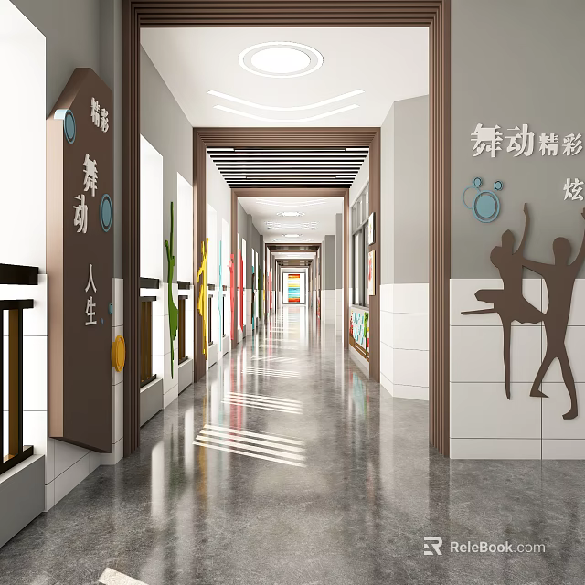 Bright Office Corridor With Dance Themed Wall Art And Decorative Silhouettes 3d model 