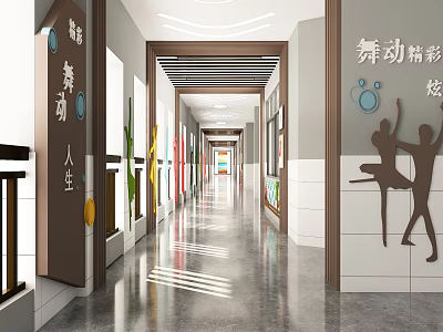 Bright Office Corridor With Dance Themed Wall Art And Decorative Silhouettes 3d model