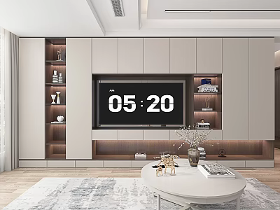 Modern Minimalist Living Room With Custom Full Wall TV Cabinet And Elegant Round Coffee Table 3d model