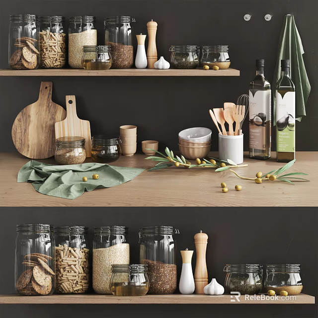 Organized Kitchen Countertop Featuring Wooden Cutting Boards Glass Jars Olive Oil Bottles Spoons And Olives 3d model 