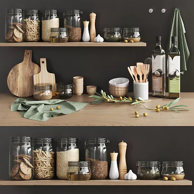 Organized Kitchen Countertop Featuring Wooden Cutting Boards Glass Jars Olive Oil Bottles Spoons And Olives 3d model