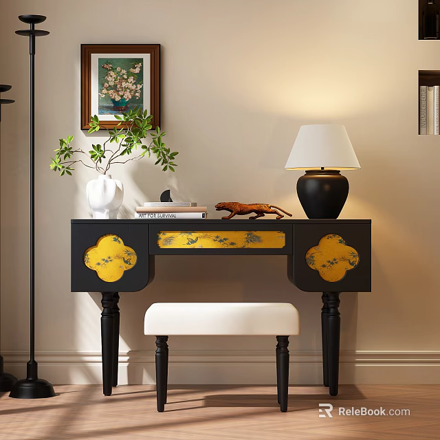 Black Dresser With Yellow Patterns Drawers Lamp Vase Green Plant Books And White Padded Stool 3d model 