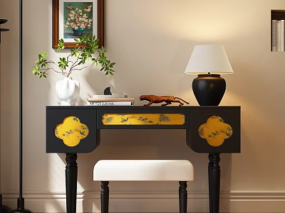 Black Dresser With Yellow Patterns Drawers Lamp Vase Green Plant Books And White Padded Stool 3d model