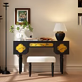 Black Dresser With Yellow Patterns Drawers Lamp Vase Green Plant Books And White Padded Stool