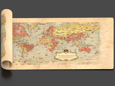 Antique World Map Book With Rolled Design Colorful Continents And Sancta Mater Label 3d model