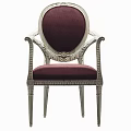 Burgundy Velvet Upholstered Dining Chair With White Carved Wooden Frame And Armrests