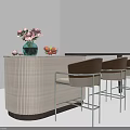 Ribbed Wooden Bar Counter With Green Vase Pink Flowers Red Fruits And Brown Bar Stools