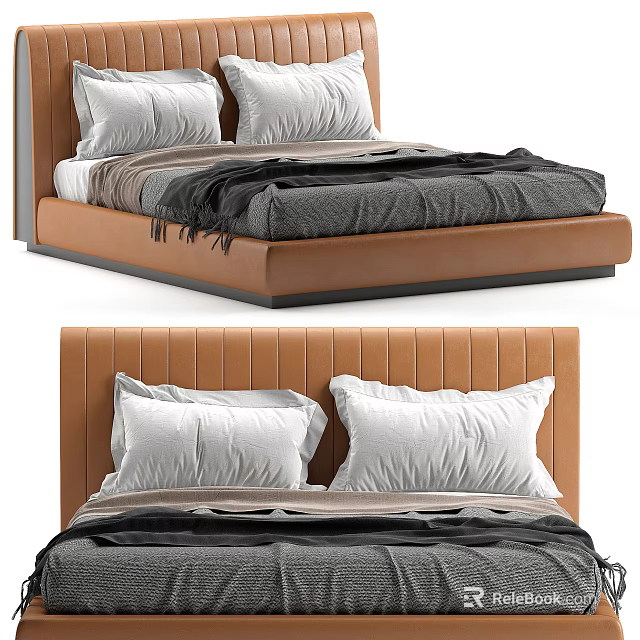 Modern Double Bed Design With Orange Headboard White Pillows And Gray Blanket 3d model