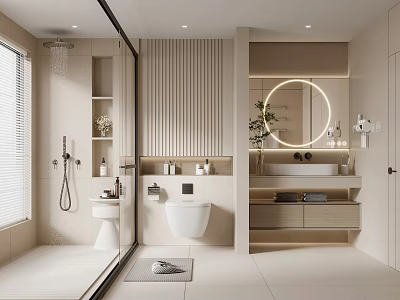 Modern Minimalist Bathroom Interior With Shower Vanity Round Mirror And Lighting 3d model