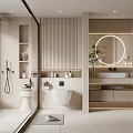 Modern Minimalist Bathroom Interior With Shower Vanity Round Mirror And Lighting