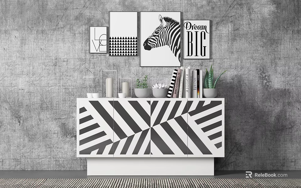 Black and White Striped Console Table with Grey Wall Decorative Artworks Candles Books and Green Plants 3d model 
