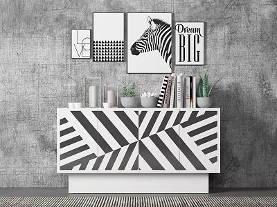 Black and White Striped Console Table with Grey Wall Decorative Artworks Candles Books and Green Plants 3d model