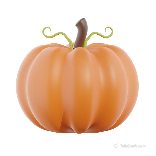 Ripe Orange Pumpkin With Curved Green Vine And Brown Stem 3d model 