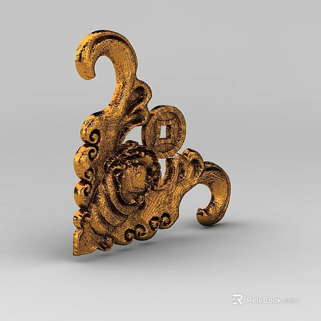 Golden Intricate Carving with Ornate Scrolls and Curved Decorative Patterns 3d model 