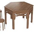 Traditional Chinese Hexagonal Wooden Dining Table With Ornate Carvings And Matching Stools
