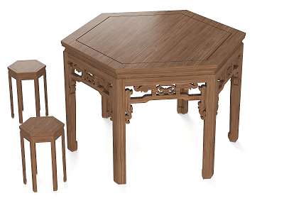 Traditional Chinese Hexagonal Wooden Dining Table With Ornate Carvings And Matching Stools 3d model