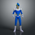 Blue And White Game Movie Character With Yellow Accents Helmet And Shoulder Spikes