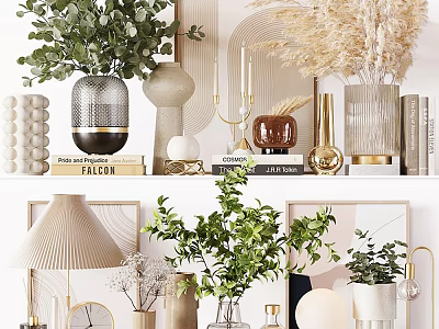 Modern Decorative Ornament Combination With Green Plants Vases Books And Lamp 3d model