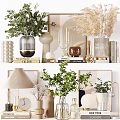 Modern Decorative Ornament Combination With Green Plants Vases Books And Lamp