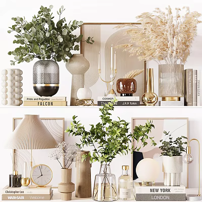 Modern Decorative Ornament Combination With Green Plants Vases Books And Lamp 3d model