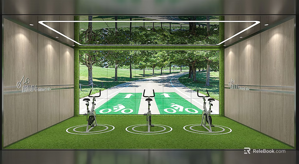 Indoor Stationary Bikes in Green Turf Room With Park View Scenery 3d model 