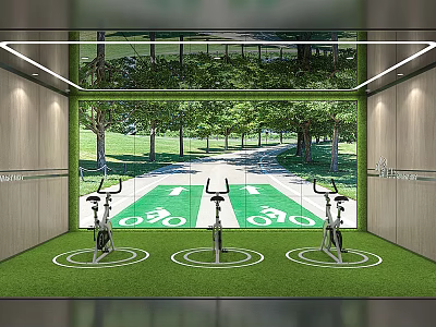 Indoor Stationary Bikes in Green Turf Room With Park View Scenery 3d model