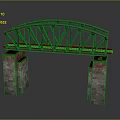 Green Iron Bridge Structure with Stone Brick Piers and Rail Tracks on Top