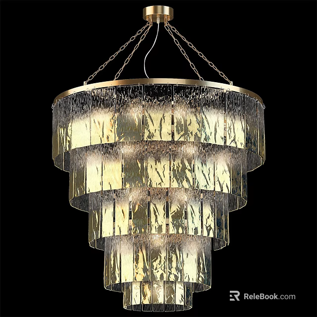 Multi Layered Glass Chandelier With Metallic Chain And Illuminated Decorative Design 3d model 