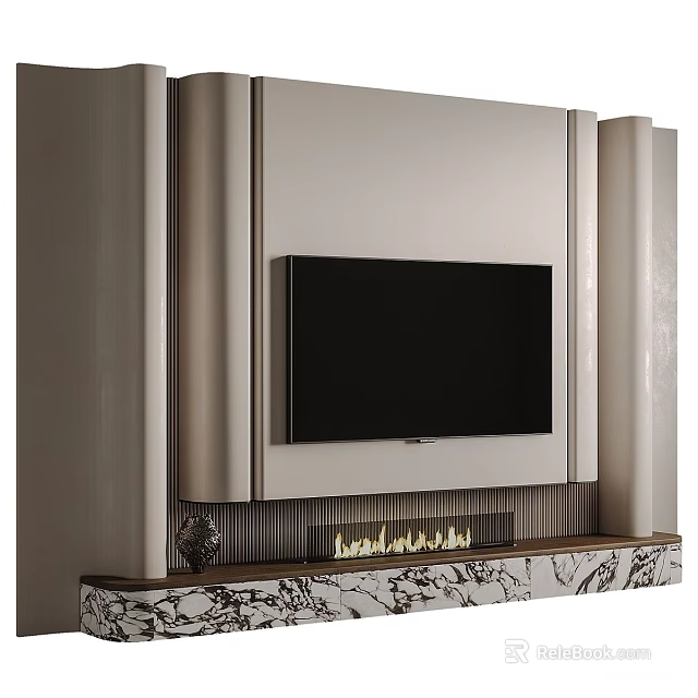 Light Colored Panel TV Wall Design With Black TV And Marble Shelf 3d model 